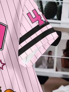 LOONEY TUNES X SHEIN Women's Casual Striped Cartoon Pattern Round Neck Short Sleeve T-Shirt, Summer - White - View 7