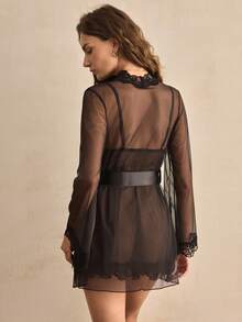 Charlaine 两件套黑色蕾丝拼接深V收腰连衣裙+睡袍，优雅精致浪漫法式睡衣套装 - 黑色 - 查看 3