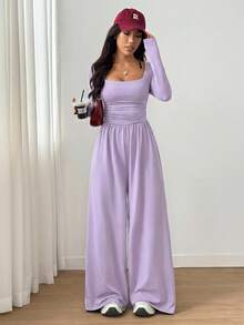 SHEIN Unity 女士方领长袖休闲简约褶皱连体裤 - 淡紫色 - 查看 5