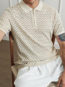 HUEFORM Áo polo nam tay ngắn, chất liệu vải có họa tiết, cổ khóa kéo, thích hợp cho các buổi đi chơi, tụ họp và kỳ nghỉ. - Màu be - Xem 1