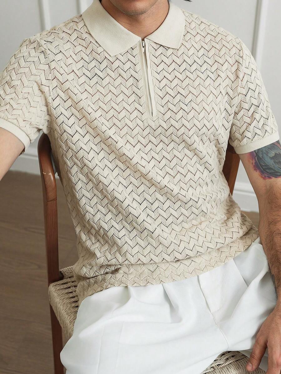 HUEFORM Áo polo nam tay ngắn, chất liệu vải có họa tiết, cổ khóa kéo, thích hợp cho các buổi đi chơi, tụ họp và kỳ nghỉ. - Màu be - Xem 1