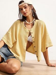 Bohemela 女士休闲纯色针织圆领短袖宽松T恤 - 卡其色 - 查看 9