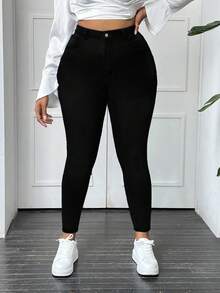 Slaydiva Plus Size Solid Color Slim Fit Casual High Waist Versatile Daily Jeans - Black - View 3