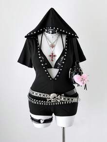 Sunspun Bộ áo liền quần tay ngắn có mũ kiểu Gothic, dáng ôm. - màu đen - Xem 1