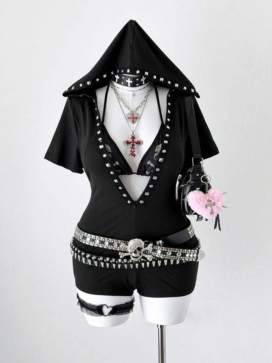 Sunspun Bộ áo liền quần tay ngắn có mũ kiểu Gothic, dáng ôm. - màu đen - Xem 1