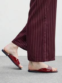 CUCCOO BIZCHIC 新款户外女士平底凉鞋，方头时尚简约酒红色套脚拖鞋，舒适休闲，适合派对和通勤，夏季厚底防滑拖鞋，圣诞节必备 - 漆皮棗紅色 - 查看 5