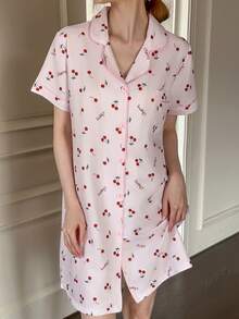 Dream Adore 粉色樱花印花翻领女士睡裙 - 淺粉色 - 查看 1