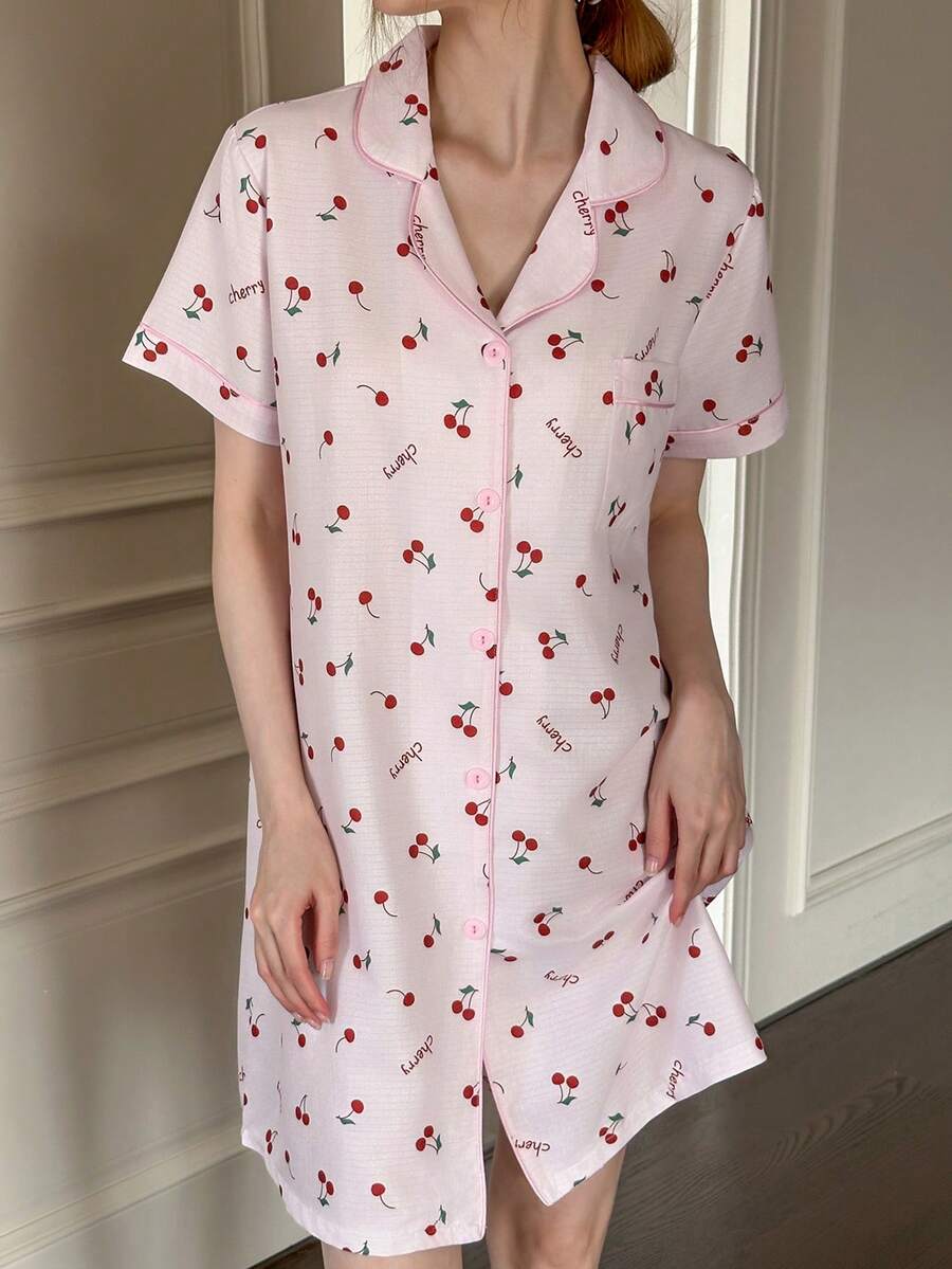 Dream Adore 粉色樱花印花翻领女士睡裙 - 淺粉色 - 查看 1