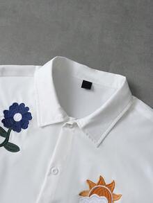 PAVTROS 男士白色短袖刺绣衬衫，宽松版型，休闲街头风，适合送给男友/老公，情侣装 - 白色 - 查看 7
