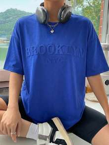 SHEIN CURVE+ Plus Size Women's Letter Embossed Round Neck Casual Versatile Daily Wear Short Sleeve T-Shirt - Navy Blue - View 6