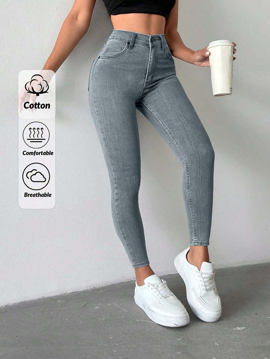 SHEIN Petite High Waist Casual Skinny Jean - Baby Blue - View 1