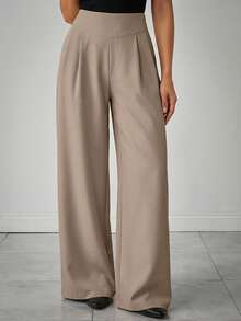 EURMUSE Pantalones anchos de mujer con detalles plisados de unicolor - Beis - Ver 1