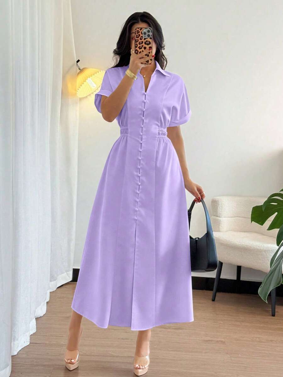 Rafferiza 女士休闲短袖衬衫裙，纽扣前襟设计，插肩袖，腰部收紧 - 紫色 - 查看 1