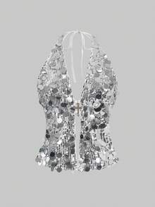 ROMWE Grunge Punk 朋克摇滚天后派对装扮，音乐节新年服装，露背性感亮片十字架吊坠两件套，Y2K千禧年 - 銀色 - 查看 7