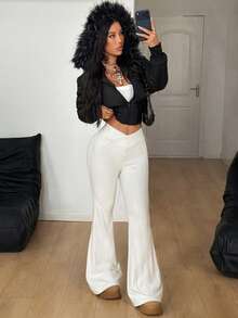 Coolane Women's Spring/Summer Basic Daily Wear Knit Streetwear Casual Yoga Simple V-Shaped Waist White Knitted Flare Leggings - White - View 4