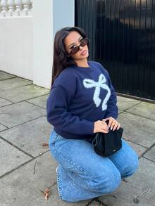 NegzBox New Plush Bow Knitted Sweater For Women, Autumn - Royal Blue - View 6