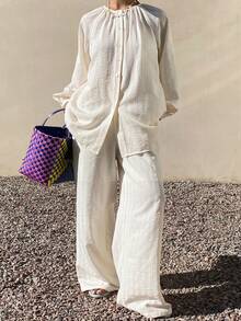 Livesso Women's Pleated Round Neck Loose Top And Casual Wide Leg Pants 2 Pieces Set, Summer Holiday Outfit - Apricot - View 4