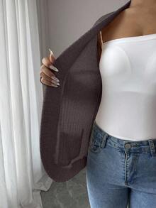 SHEIN PETITE 女士休闲罗纹抓绒开襟侧袋短款轻薄外套 女士开衫 薄款开衫 女士开衫 女士开衫 - 摩卡棕 - 查看 7