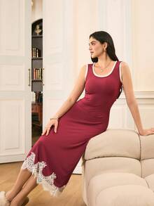 Moireta Burgundy Summer Elegant Lounge Nightgown For Women, Retro Contrast Color Ruffle Hem & Neckline Camisole Night Gowns, Sleeveless Sleepwear Home Dress - Brown - View 4