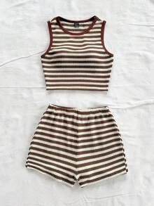 SHEIN WYWH CURVE 大码女式纹理针织红白露脐吊带短上衣配蝴蝶结和松紧腰短裤套装，度假装 - 棕色 - 查看 4