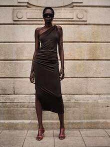 Lumivelle Đầm dài không tay, lệch vai, thắt eo, thanh lịch dành cho nữ, thích hợp mặc đi làm vào mùa hè. - Cà phê nâu - Xem 6