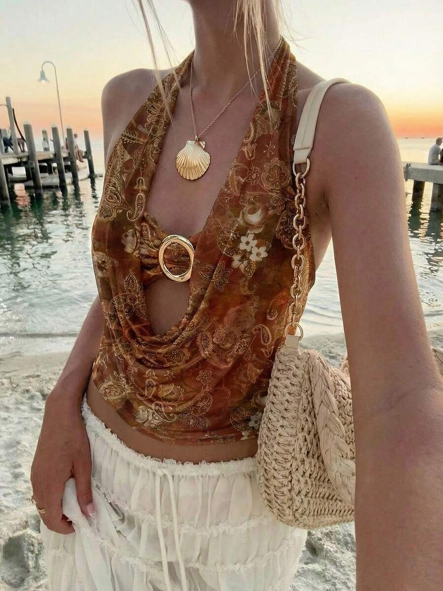 Áo Camisole Aloruh mới, gợi cảm, xuyên thấu, cổ khoét sâu, họa tiết Paisley, kiểu yếm, hở lưng, trang trí kim loại, phong cách Paisley, retro, Y2K, phù hợp cho các lễ hội âm nhạc, kỳ nghỉ ở Hawaii, hẹn hò, hộp đêm, bãi biển, du thuyền, trà chiều, phong cách Boho, kỳ nghỉ, mùa thu/hè.
