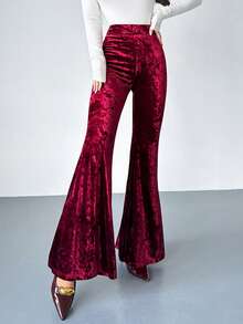 Firerie 女士新款优雅休闲通勤时尚百搭高腰修身天鹅绒喇叭裤，酒红色，适合秋冬季、机场、教师、办公室、舒适秋季、圣诞节、新年等场合。 - 酒紅色 - 查看 3
