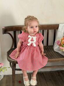 SHEIN 女婴编织休闲红色格子蝴蝶结装饰泡泡袖宽松A字连衣裙 - 彩色 - 查看 4