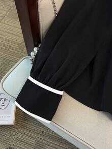 GlowEve CURVE Plus Size Women's Bow Decor Long Sleeve Elegant Office Shirt Peter Pan Collar Blouse Preppy Tops Black And White Blouse Bow Shirt Cute Blouses - Black - View 5