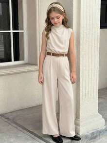 SHEIN 少女优雅无袖系带连体裤 - 杏色 - 查看 8