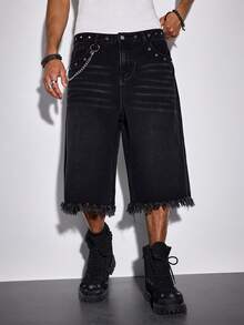 ROMWE MEN Casual 男士做旧牛仔短裤 - 黑色 - 查看 5