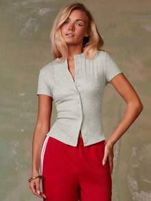 Athîral 女士休闲灰色短袖上衣，纽扣设计，修身剪裁，舒适柔软的针织面料，灰色上衣，可爱灰色上衣，优雅上衣，适合女性度假、外出、春季和夏季穿着，浅灰色上衣 - 淺灰色 - 查看 6