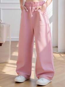 SHEIN Genkimix Kids Quần ống rộng dáng suông cho bé gái, màu hồng nhạt, thiết kế tối giản và nhẹ nhàng, cạp chun co giãn + túi tiện dụng, kiểu dáng mềm mại phù hợp cho hoạt động thể thao. Thích hợp cho các dịp xuân/thu như đi học, đi chơi, họp mặt gia đình, phong cách Hàn Quốc nhẹ nhàng. - Hồng - Xem 6