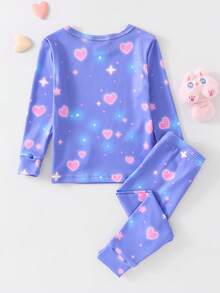 2pcs Baby Girls Snug Fit Sleepwear Set, Cozy Cat & Heart Glow-In-The-Dark Print, Stretchy Knit Fabric, Long Sleeve Top And Pants