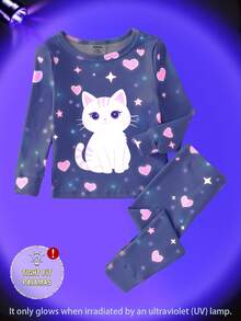 2pcs Baby Girls Snug Fit Sleepwear Set, Cozy Cat & Heart Glow-In-The-Dark Print, Stretchy Knit Fabric, Long Sleeve Top And Pants