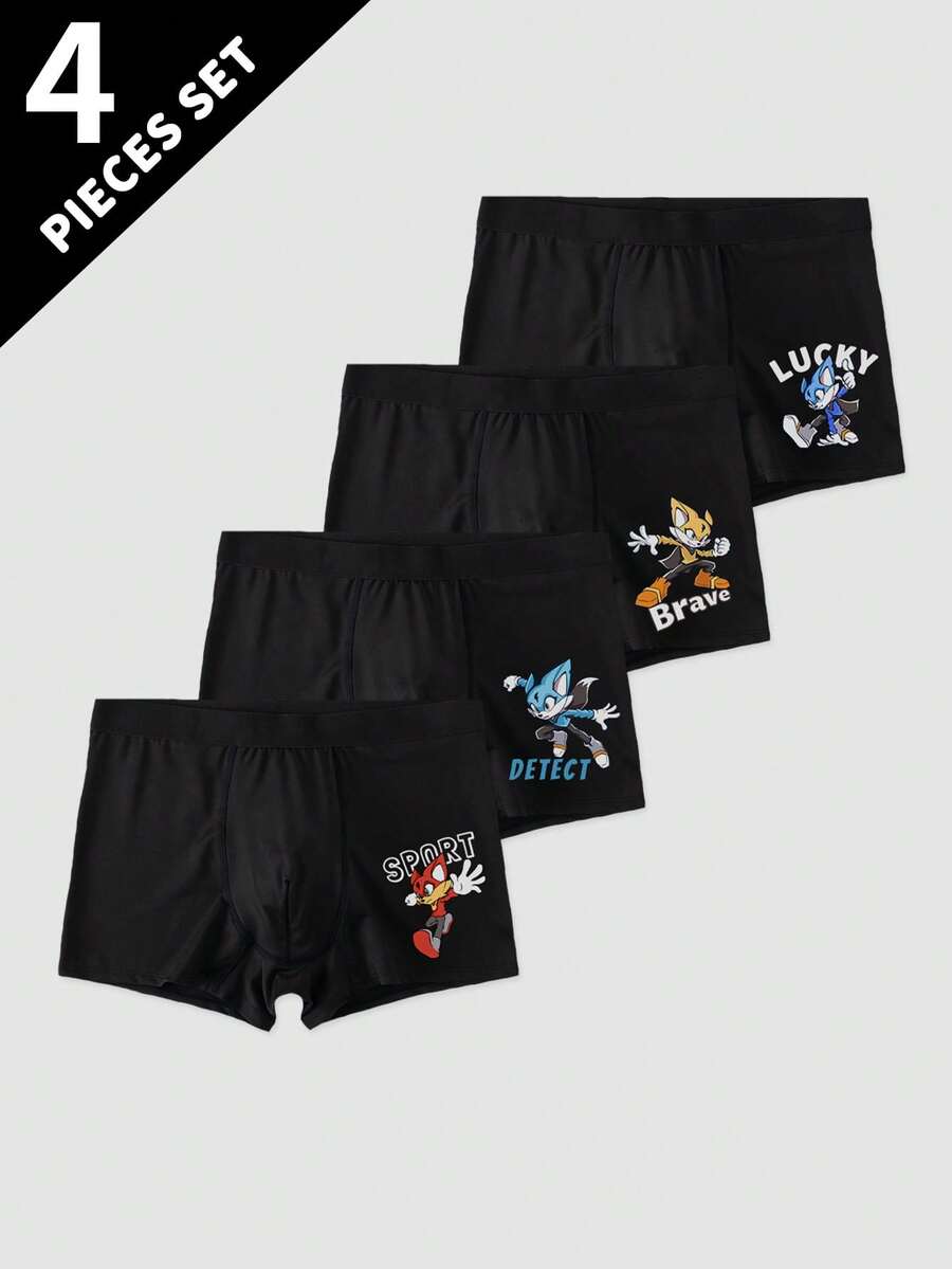4pcs Boys' Cartoon Graphic Soft & Comfortable Boxer Briefs, Suitable For 8-12 Years Old, All Season - Black - View 1