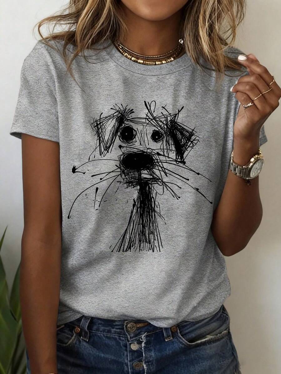 Women's Casual Loose Round Neck Short Sleeve T-Shirt, Summer - Light Grey - View 1