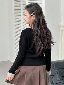 Dazy Kids 女童圆领蝴蝶结刺绣撞色开衫，秋季 - 黑色 - 查看 4
