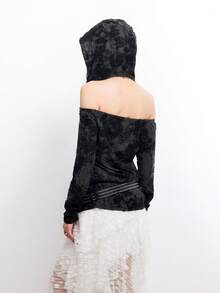 Bloopia Women's All-Over Print Hooded Neck Hollow Out Fashionable Long Sleeve Top - Grey - View 4