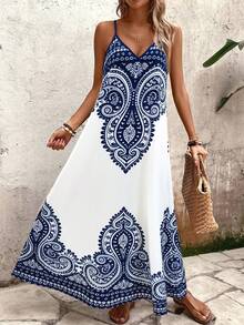 EMERY ROSE Women's Blue & White Bohemian Print Deep V-Neck Backless Loose A-Line Casual Dress, Chic Elegant Minimalist French Vintage Romantic Suitable For Daily, Commute, Beach Vacation, Spring/Summer Sleeveless Maxi Dress - Multicolor - View 4