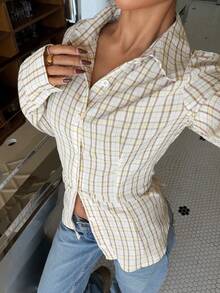 Muchica Women's Plaid Cinched Waist Slim Fit Long Sleeve Shirt  For Going Out Outfits, Back To School,Streetwear, Y2K Clothes - Multicolor - View 5