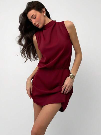 Aloruh 女士优雅无袖系领迷你连衣裙，适合通勤