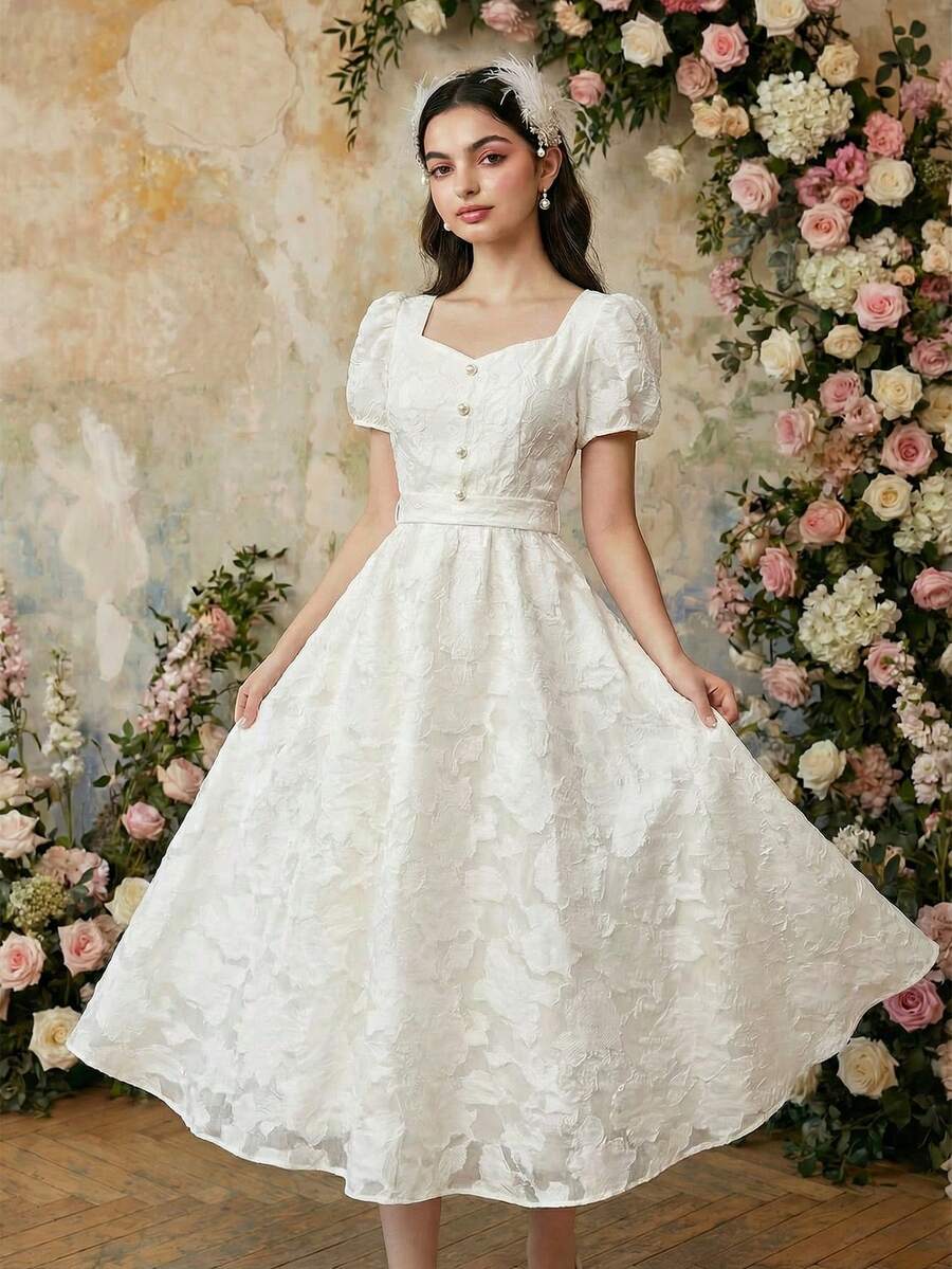 Kleid mit gewebten Ausschnitten und Perlknöpfen, elegant & modisch, geeignet für Ausflüge, Partys, Frühling/Sommer/Herbst - Beige - View 1