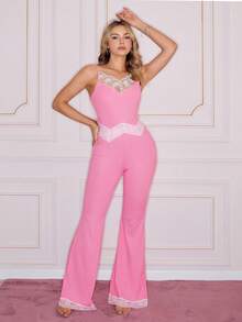 SHEIN Women's Sweet Romantic Charm Contrast Color Embroidered Lace Patchwork Camisole & Flare Pants Comfortable Fitted Ribbed Knit Pajama Set - Pink - View 4