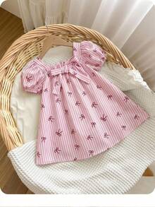 SHEIN LMoss Kids Baby Girl Woven Bow Striped Square Neck Puff Sleeve Fitted Dress,Kids - Multicolor - View 7