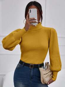RueChic Turtleneck Lantern Sleeve Ribbed Knit Sweater - Yellow - View 4