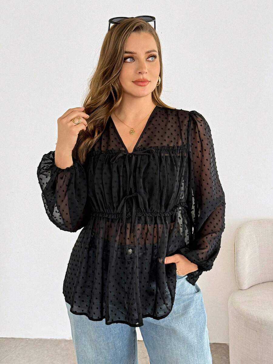 Shapeblank Blouse ample et confortable à pois jacquard transparente à manches longues avec lien, pour femmes grandes tailles, style printemps/été, décontracté, élégant, pour vacances - Noir - Voir 1