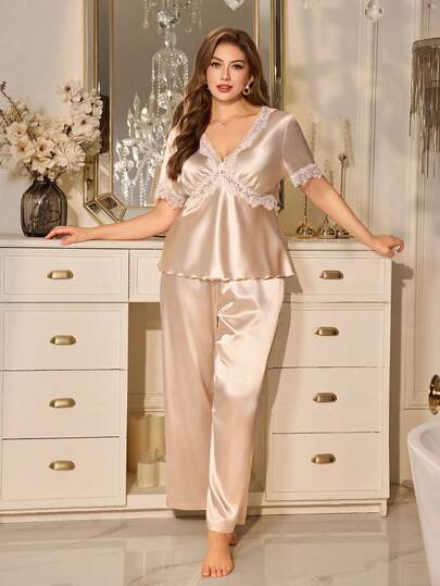 SHEIN MuseNap CURVE 优雅缎面蕾丝交叉前襟短袖睡衣套装，加大码