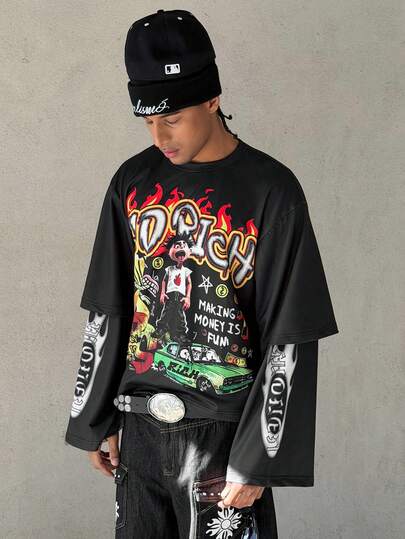 Manfinity EMRG 人像火焰印花圆领长袖卫衣