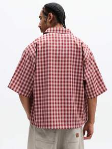 SUMWON Short Sleeve Button Down Checked Pattern Collared Shirt With Chest Pocket Summer Casual Regular Fit Woven Top - Red - View 2